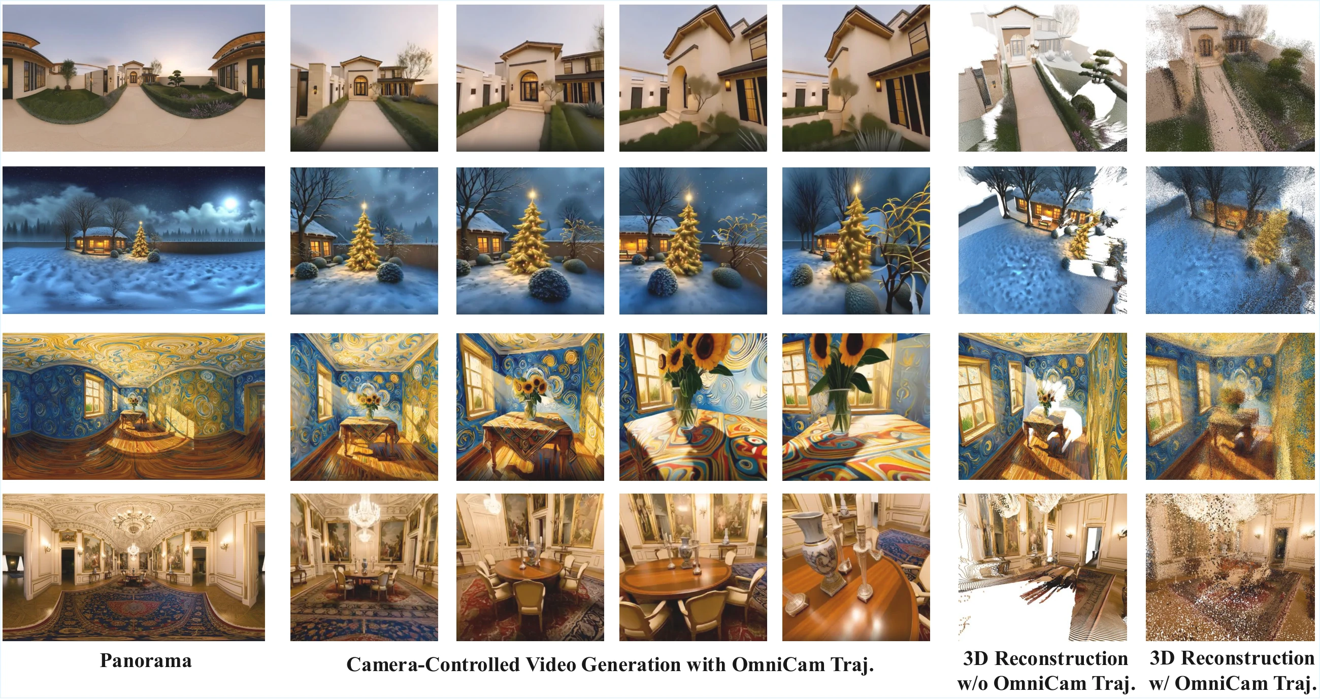 Paper examples of input panoramas, generated video frames, and reconstructed 3D scenes